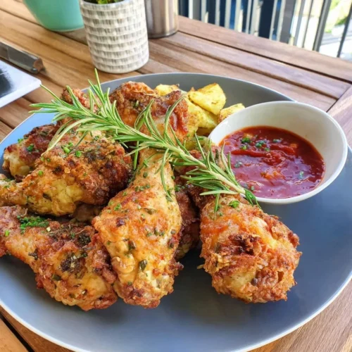 Knuspriges Paprika-Hähnchen aus dem Airfryer auf einem Teller serviert.