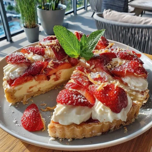 Oster-Erdbeertarte mit Zitronencreme, frisch gebacken und dekoriert mit Erdbeeren