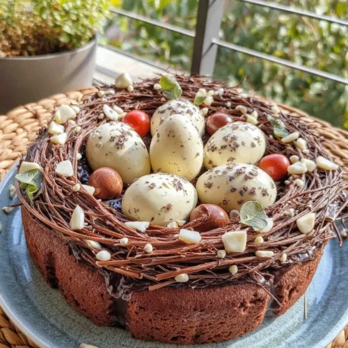 Osternest-Schokoladenkuchen mit Schokolade und bunten Ostereiern dekoriert