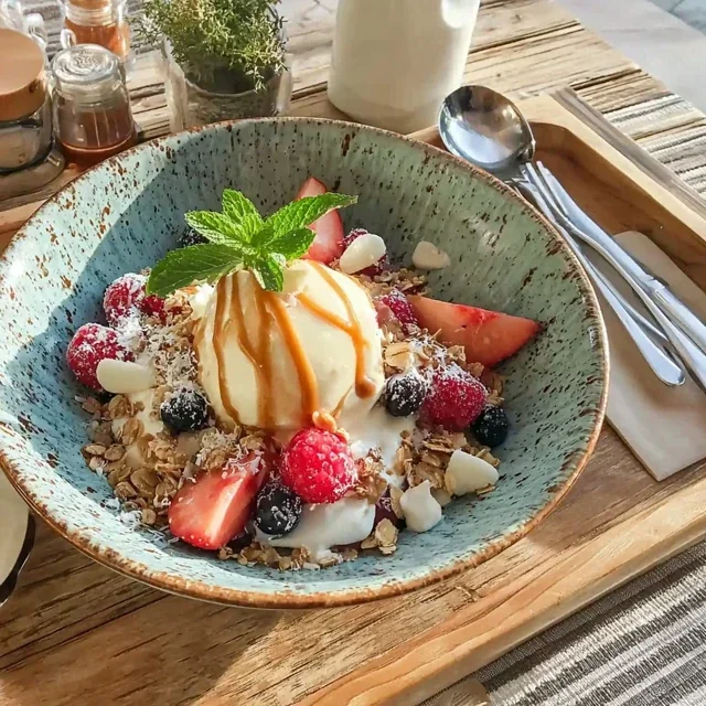 Açaí-Bowl mit roten Früchten und Granola