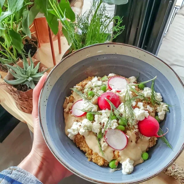Quinoa-Bowl with radishes, peas and feta