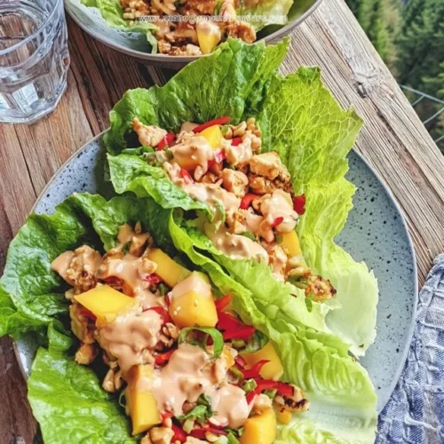 Salat-Wraps gefüllt mit würzigem Tofu und frischer Mango.